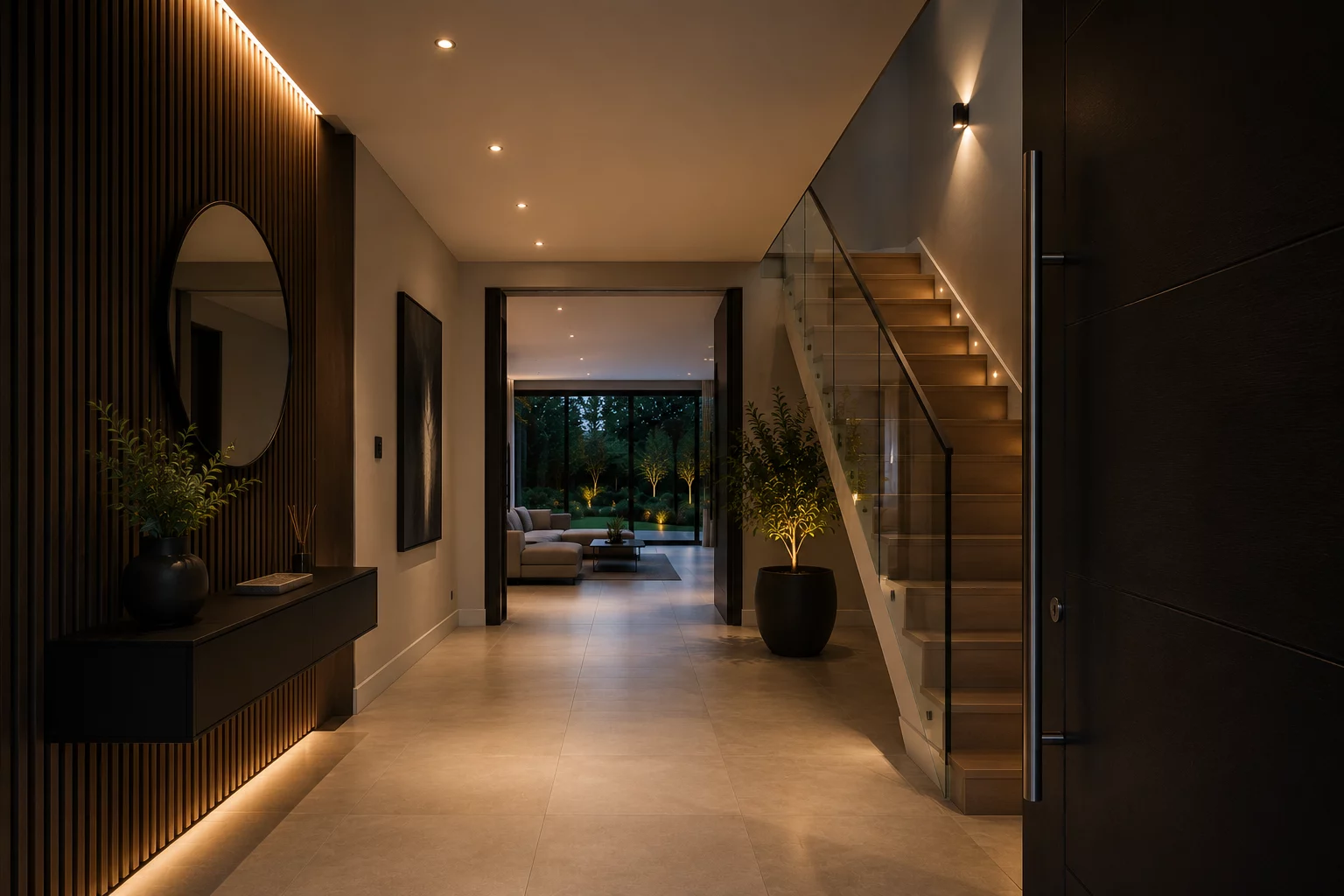Contemporary entrance hall with an illuminated staircase, wall lights and concealed joinery lighting