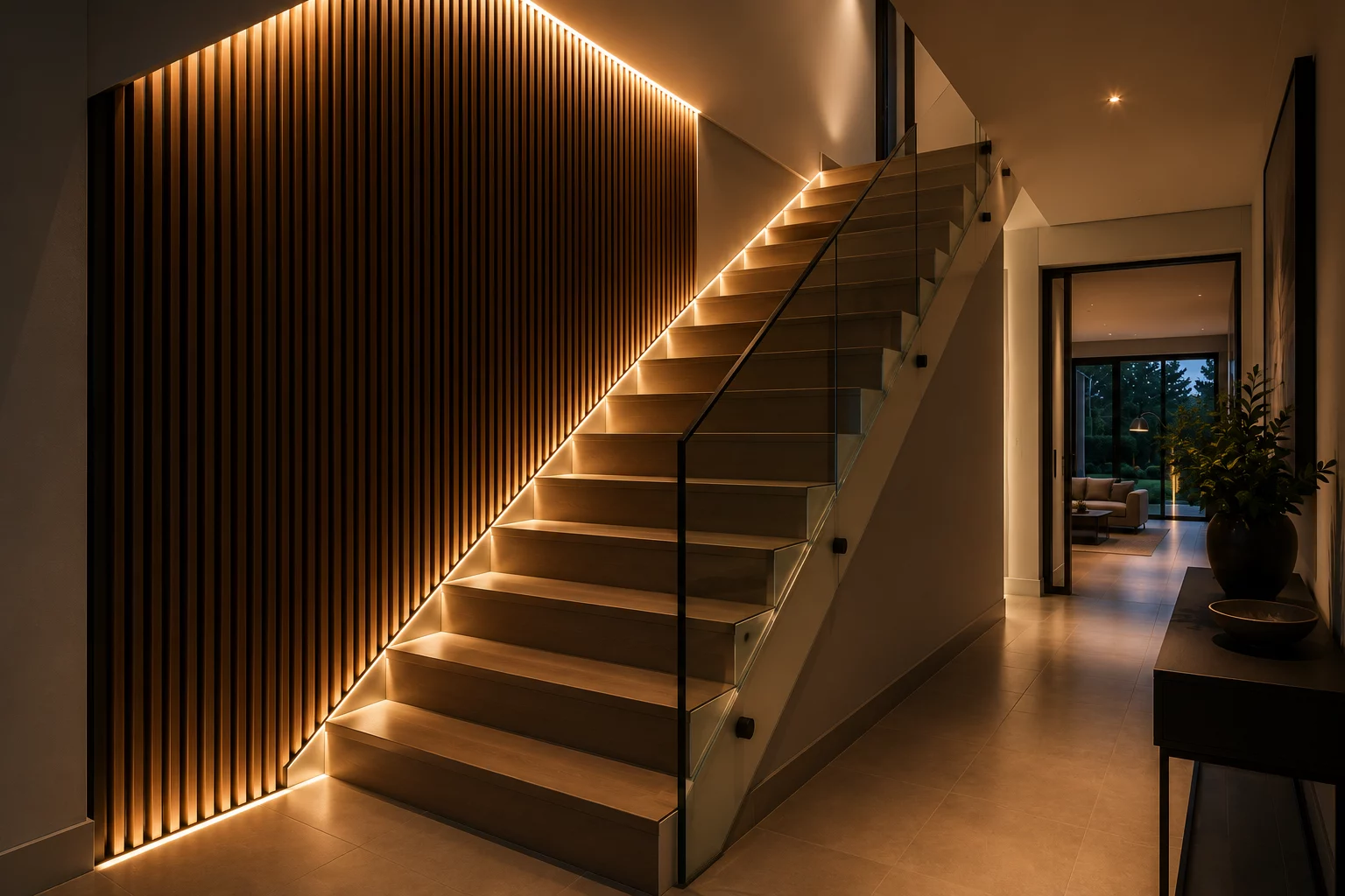 Modern staircase with illuminated treads and concealed warm lighting along a timber slat wall