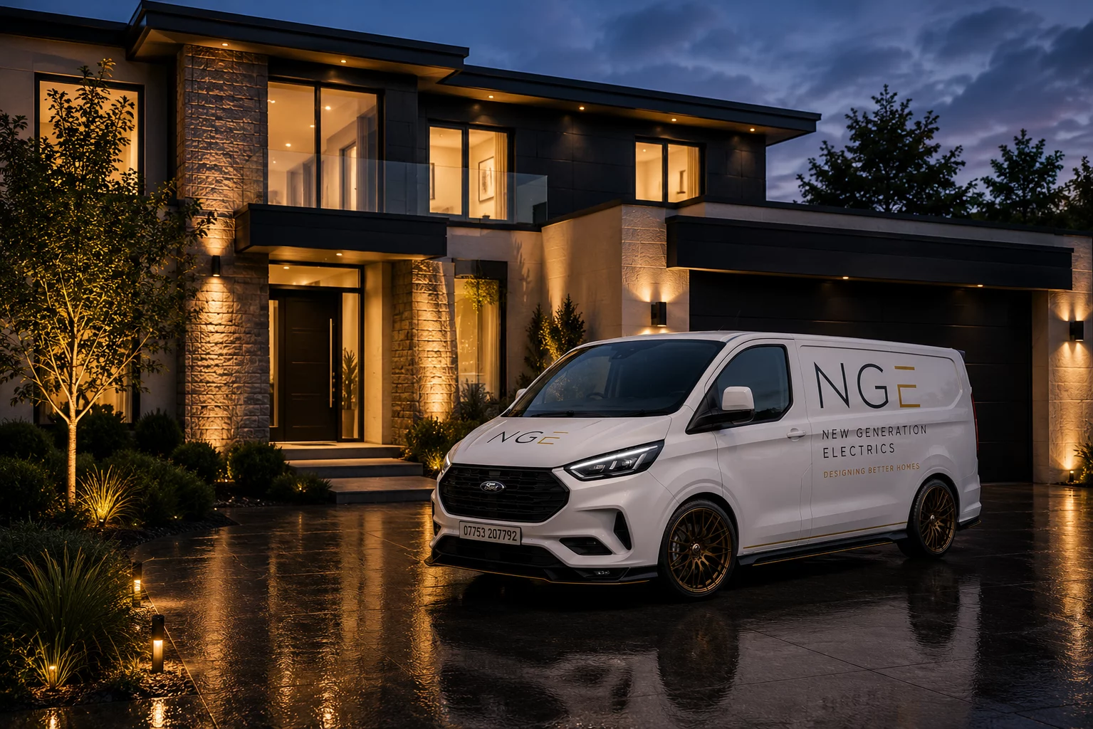 White New Generation Electrics van parked outside a contemporary illuminated home at dusk