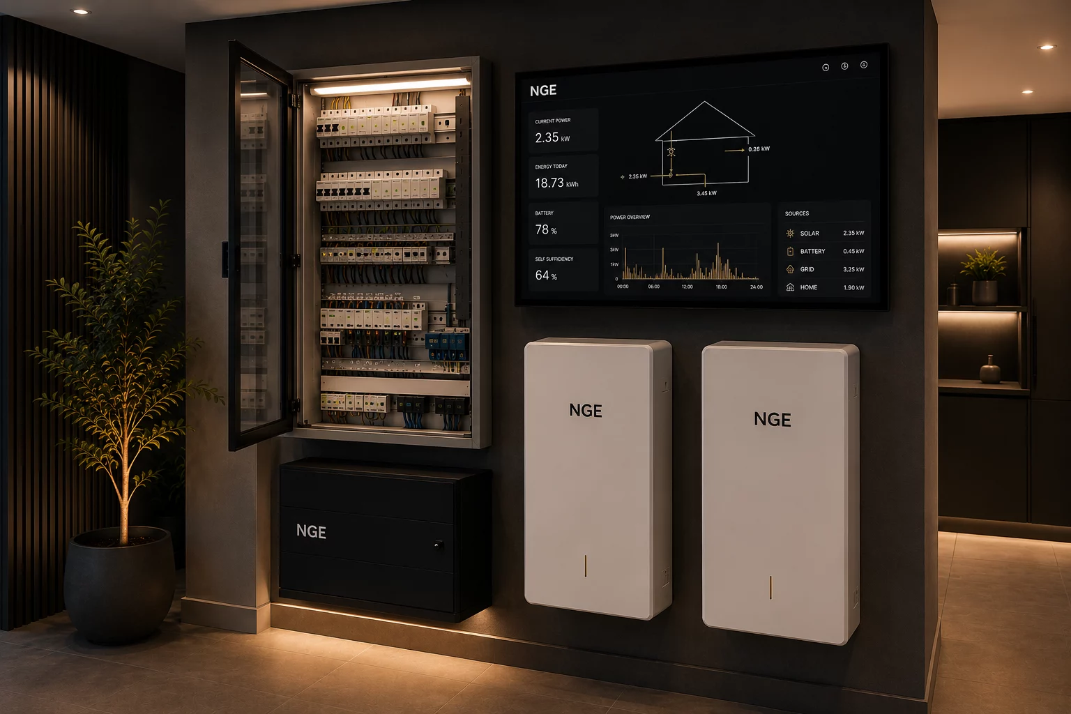Home energy management installation with distribution board, battery units and monitoring display