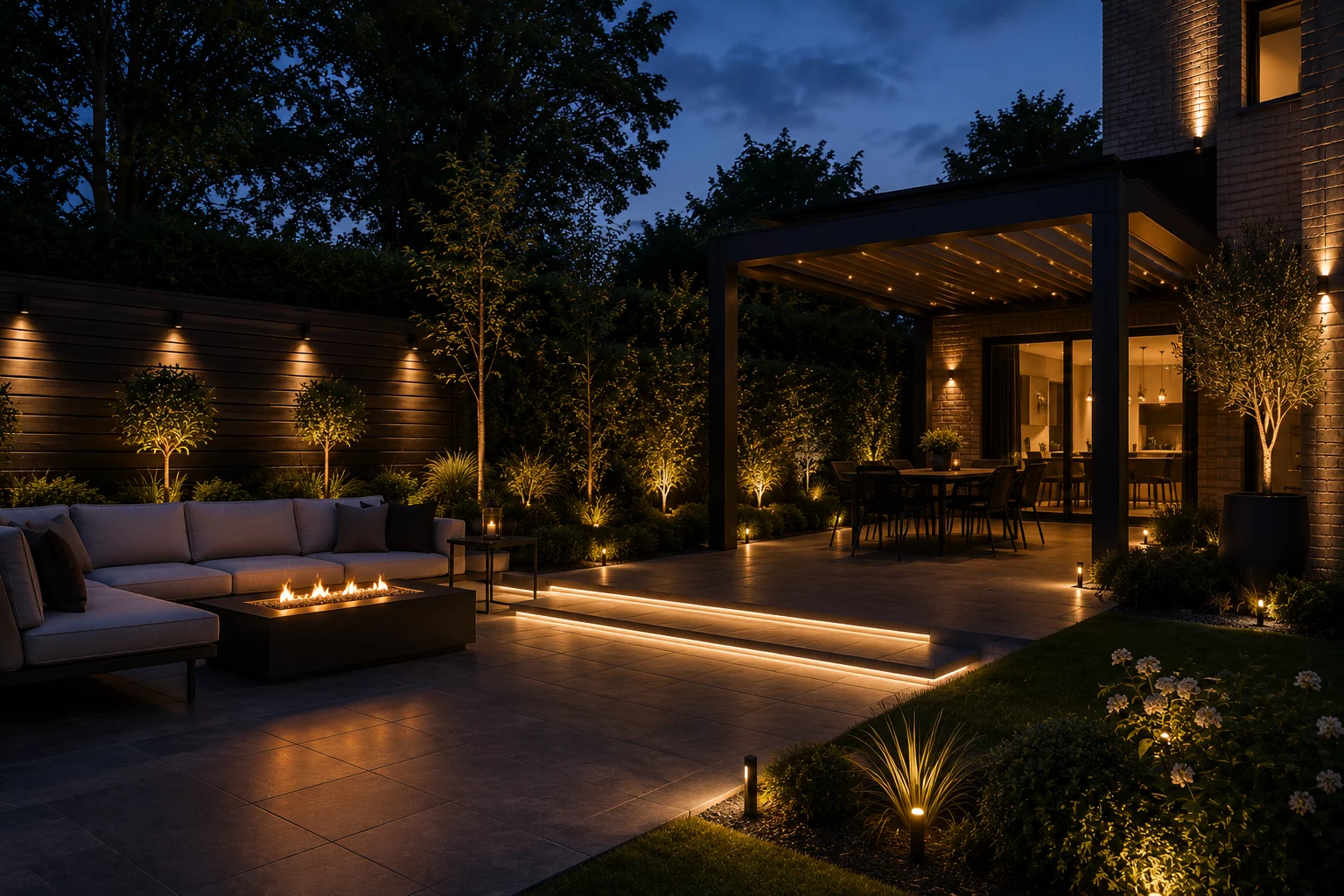 Modern garden terrace with pergola, seating and low-level landscape lighting at night