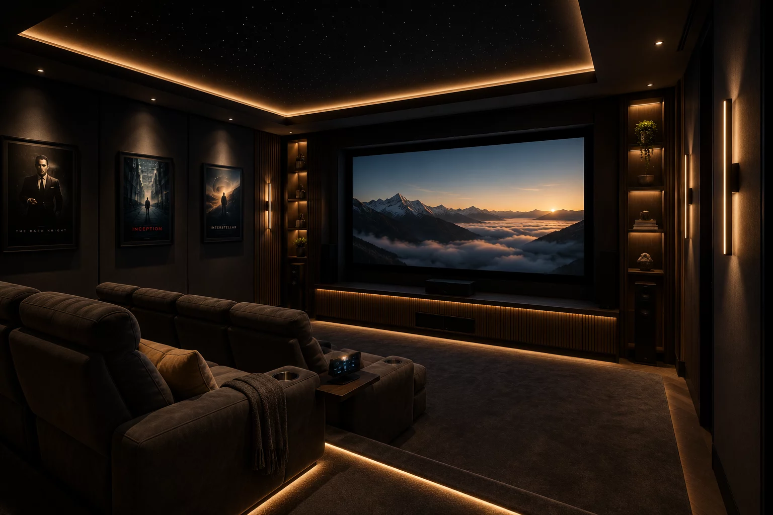 Dark home cinema with tiered seating, large projection screen and integrated ambient lighting