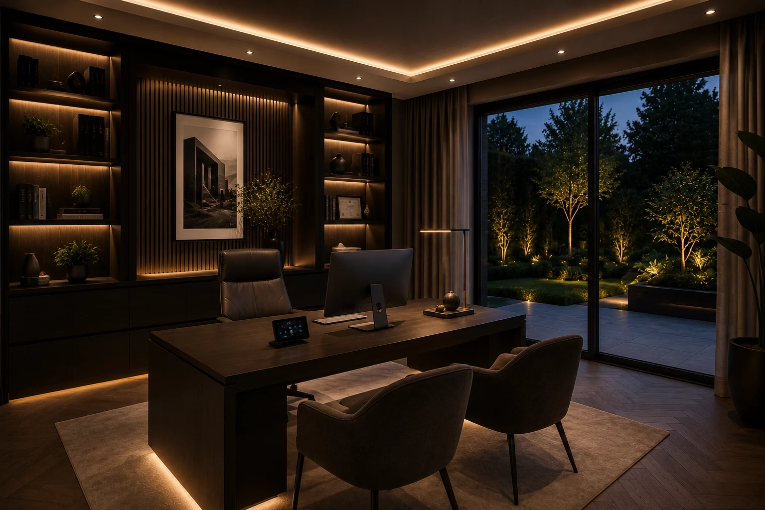 Dark contemporary home office with illuminated shelving, desk lighting and garden views