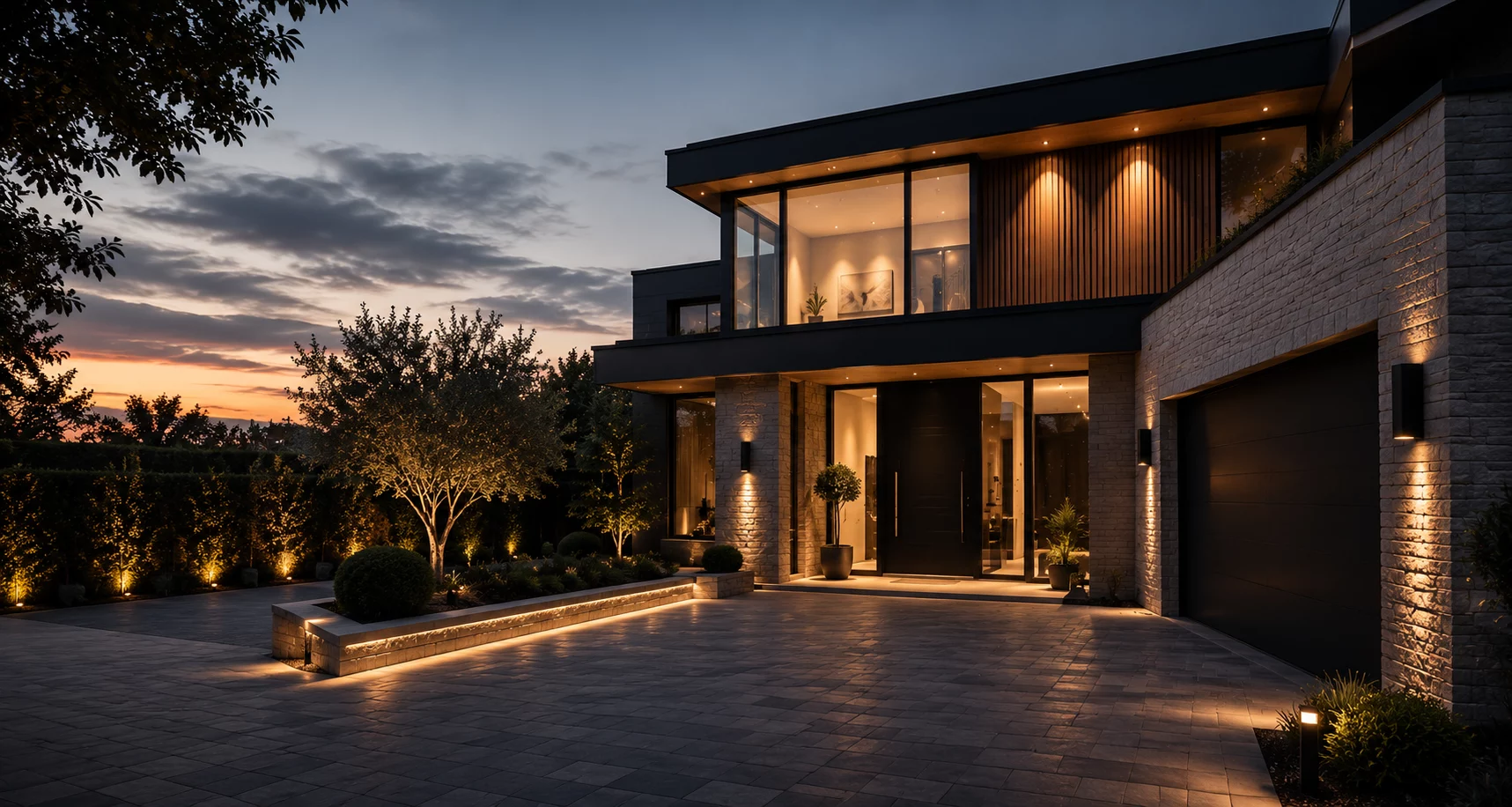 Modern two-storey home at twilight with warm architectural lighting across the facade, entrance and landscaped driveway