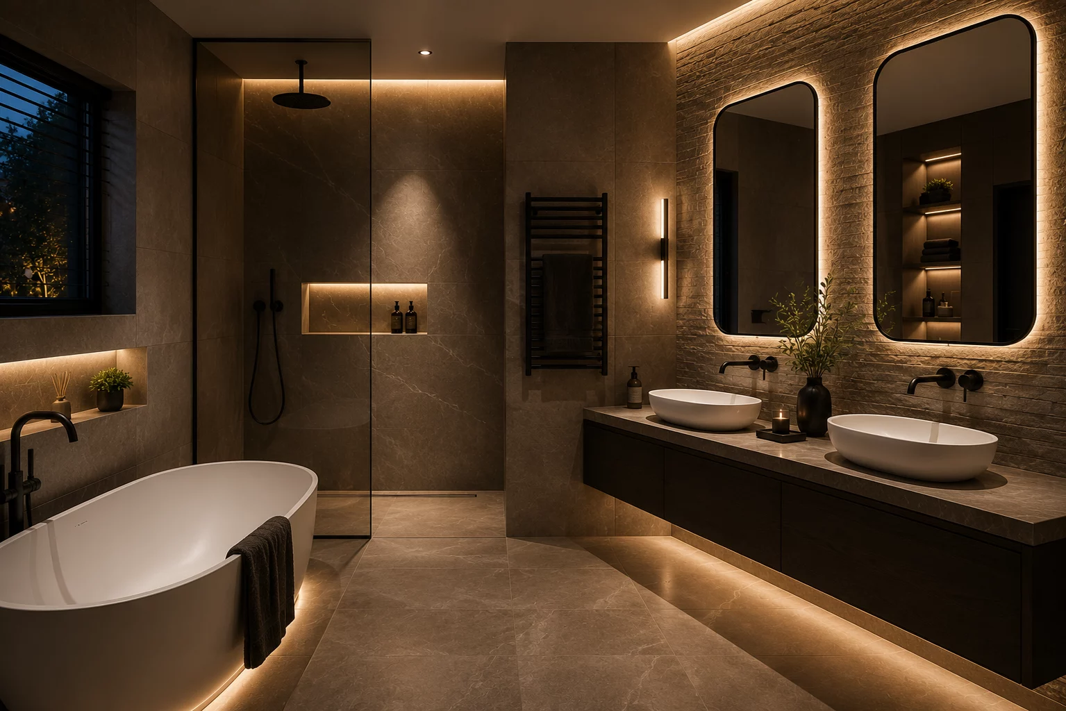Luxury bathroom with freestanding bath, walk-in shower and warm concealed lighting