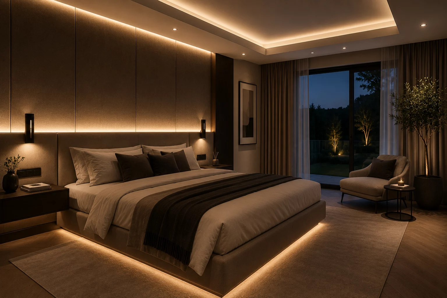 Luxury bedroom with warm bedside, headboard, ceiling and low-level lighting