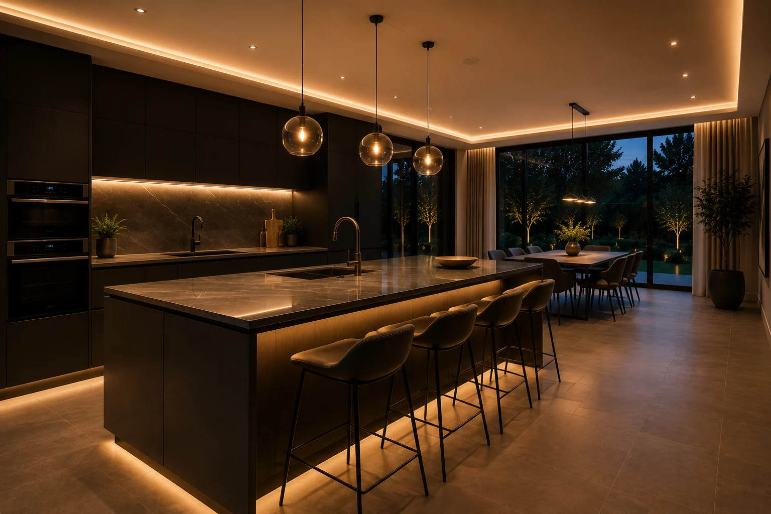 Luxury dark-toned kitchen with pendant, task and concealed architectural lighting