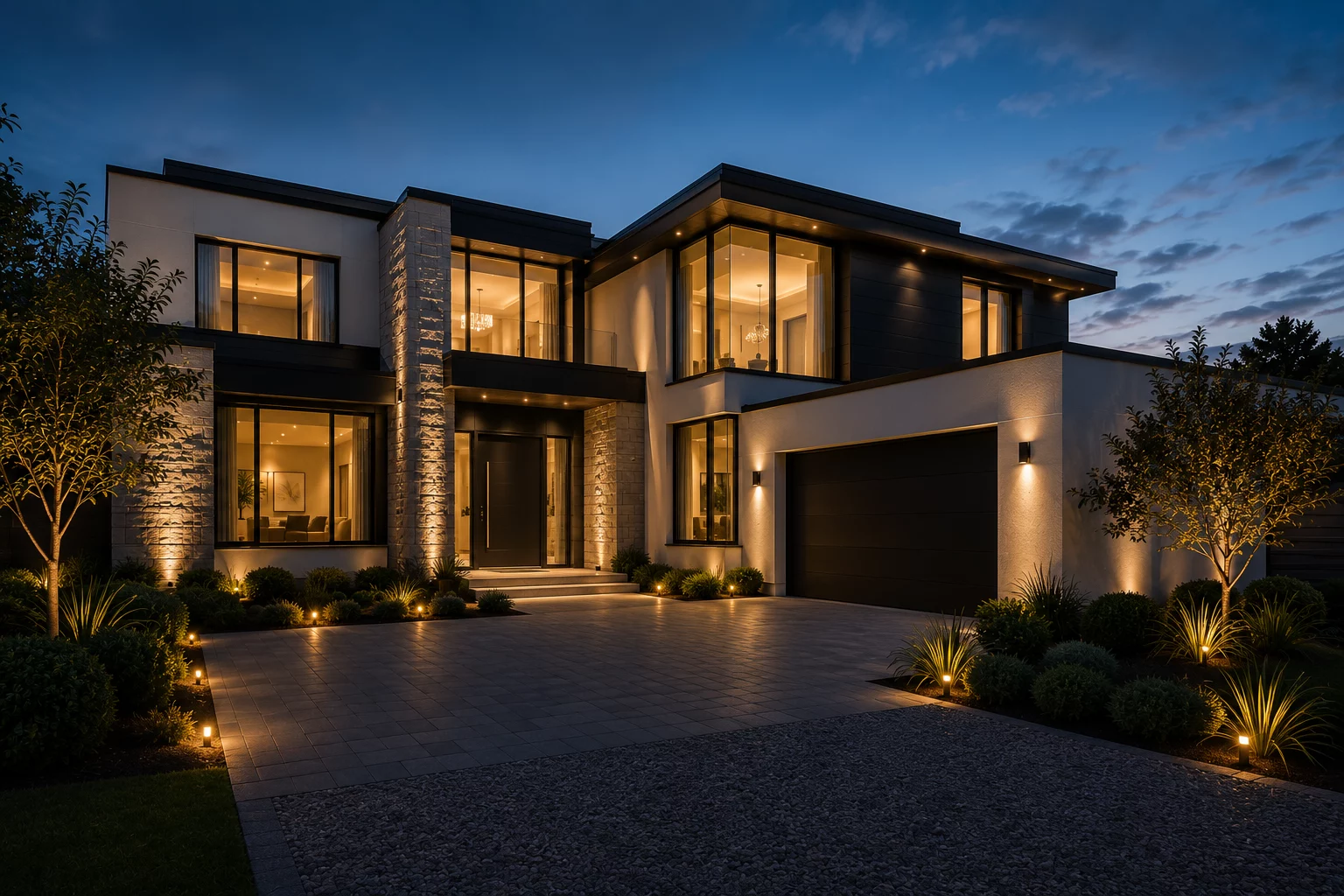 Contemporary two-storey new-build home at dusk with integrated exterior lighting