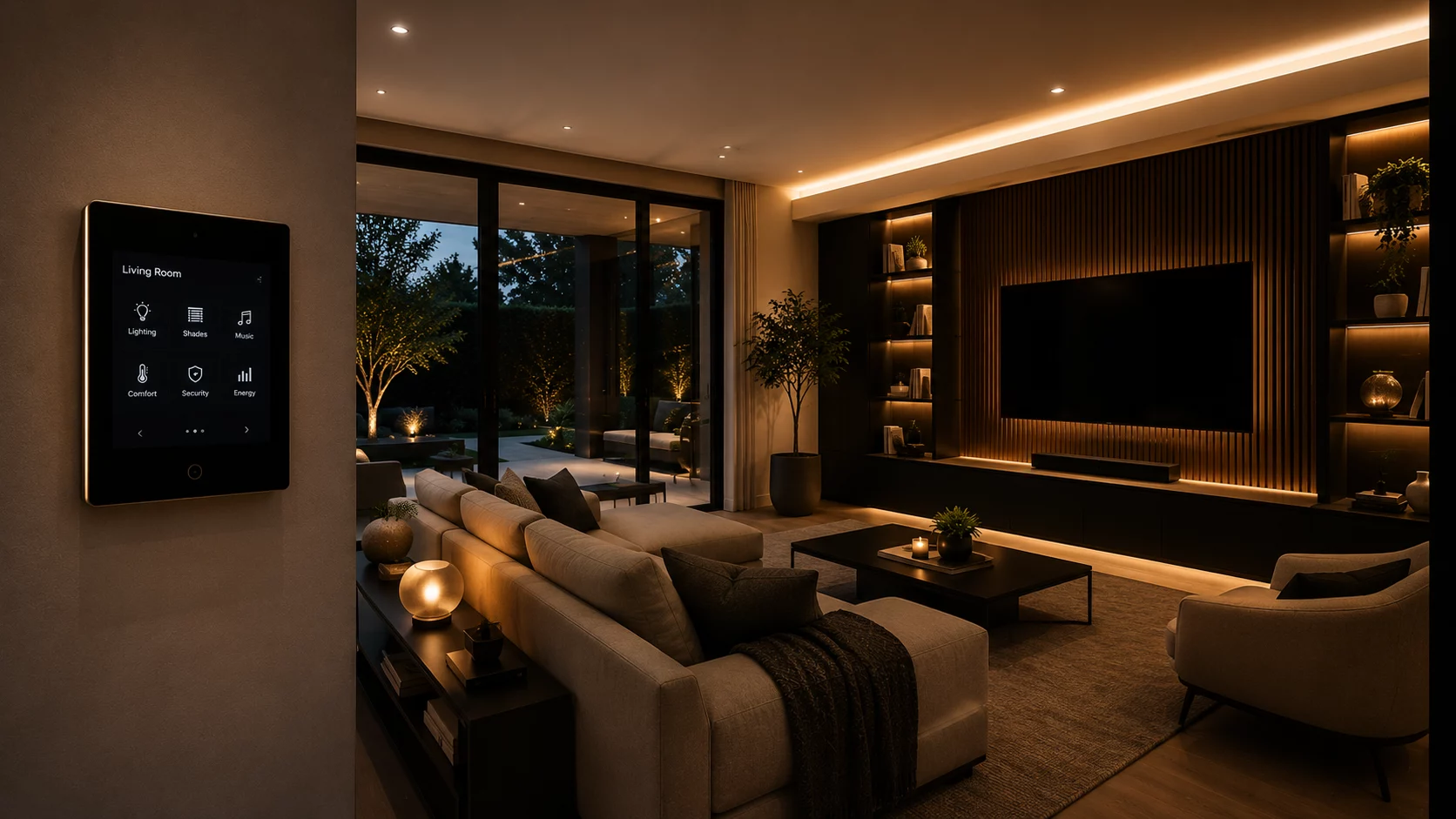 Contemporary living room at dusk with layered ceiling, joinery and ambient lighting