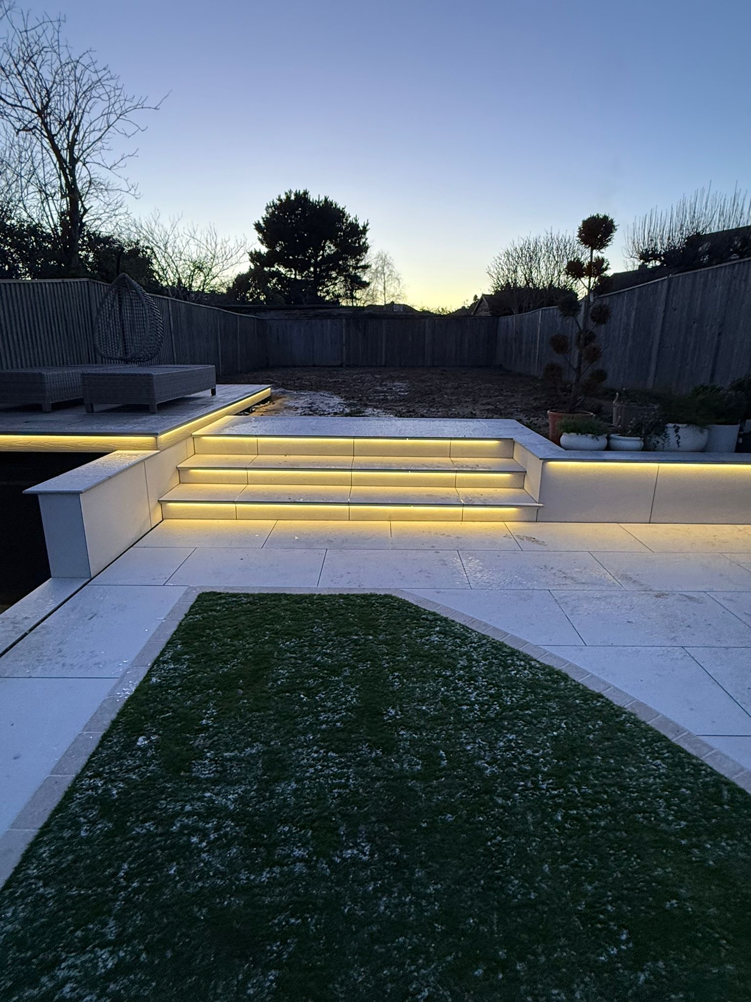 Illuminated garden steps and pond edge in the Smart Pond Loxone project in Reading